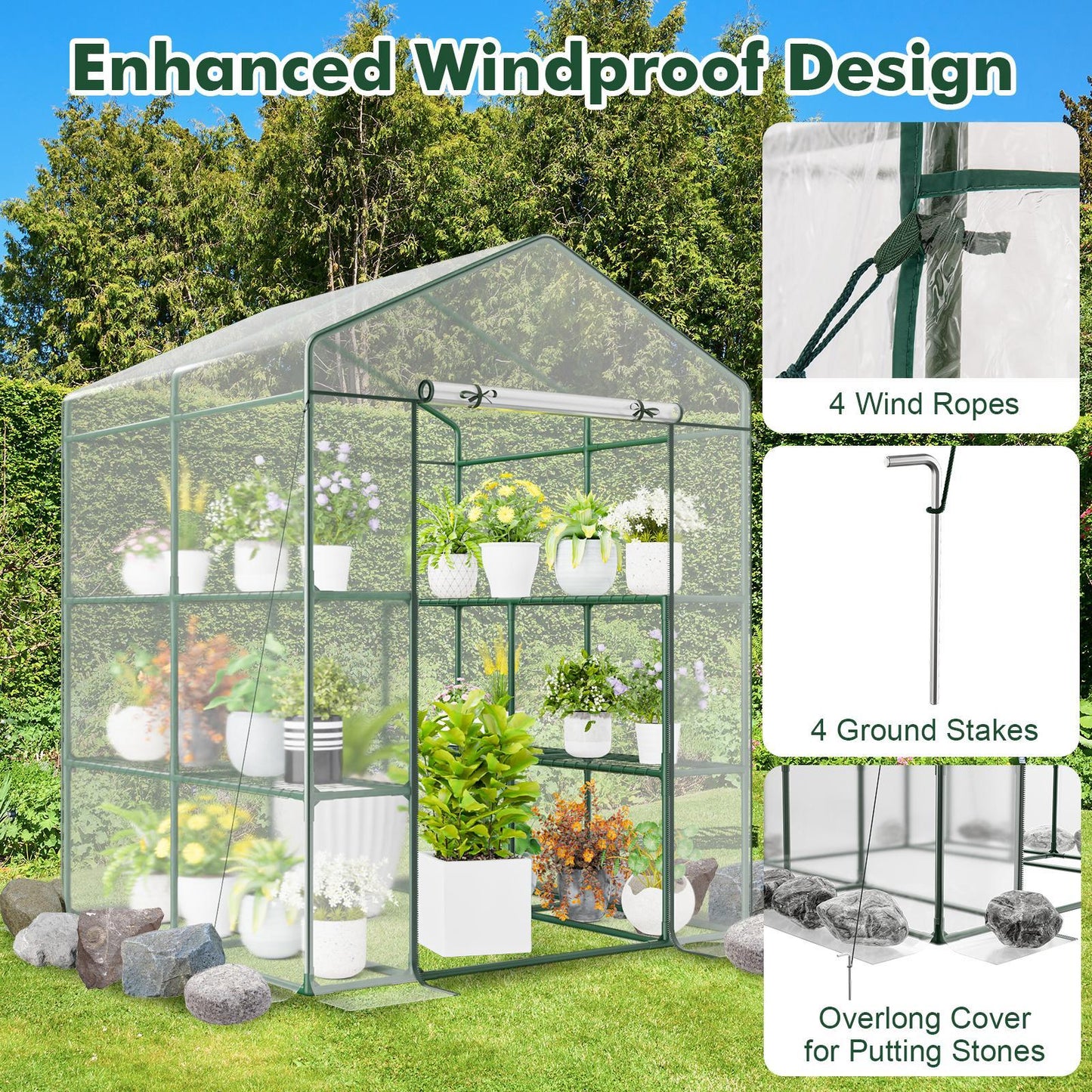Mini Greenhouse Walk-In 55"x57"x77" with 8 Mesh Shelves, Transparent PVC Cover, Roll-Up Zippered Door & Heavy-Duty PE-Coated Metal Frame for Garden & Yard