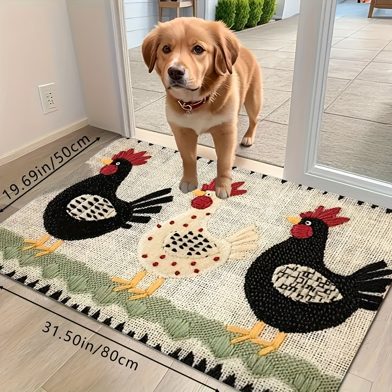Rooster Embroidered Door Mat Indoor Outdoor Non-Woven Washable Rug for Entryway Bathroom Kitchen Porch Plaid Stripe Pattern