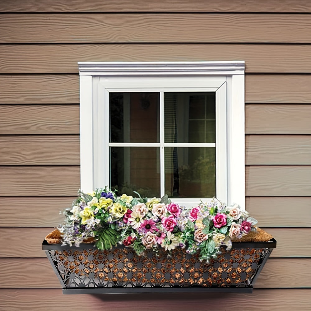 Window Box Planter 24 Inch with Coco Liner Adjustable Railing Brackets Cast Iron Flower Box for Porch Fence Balcony Patio Outdoor Garden Decor 2 Pack