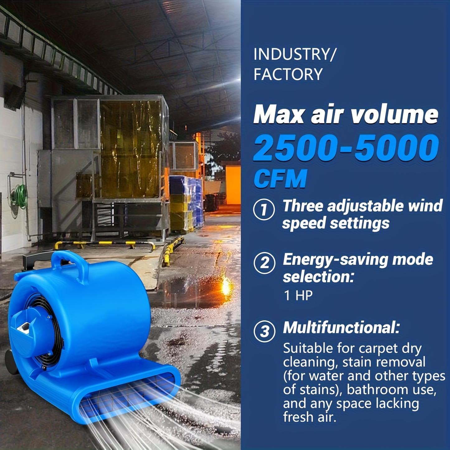 Air Mover Floor Dryer 5000CFM 1HP, Heavy-Duty Carpet Dryer & Portable Blower Fan, 3-Speed Quiet Floor Drying for Home & Commercial Use — Floors, Walls, Ceilings