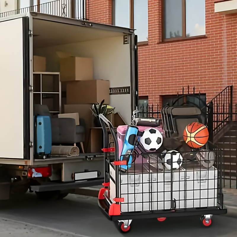 Folding Platform Cart with Removable Cage & Silent Wheels, 400-900 lbs Capacity, Anti-Skid Deck, Telescopic Handle for Moving, Warehouse and Storage
