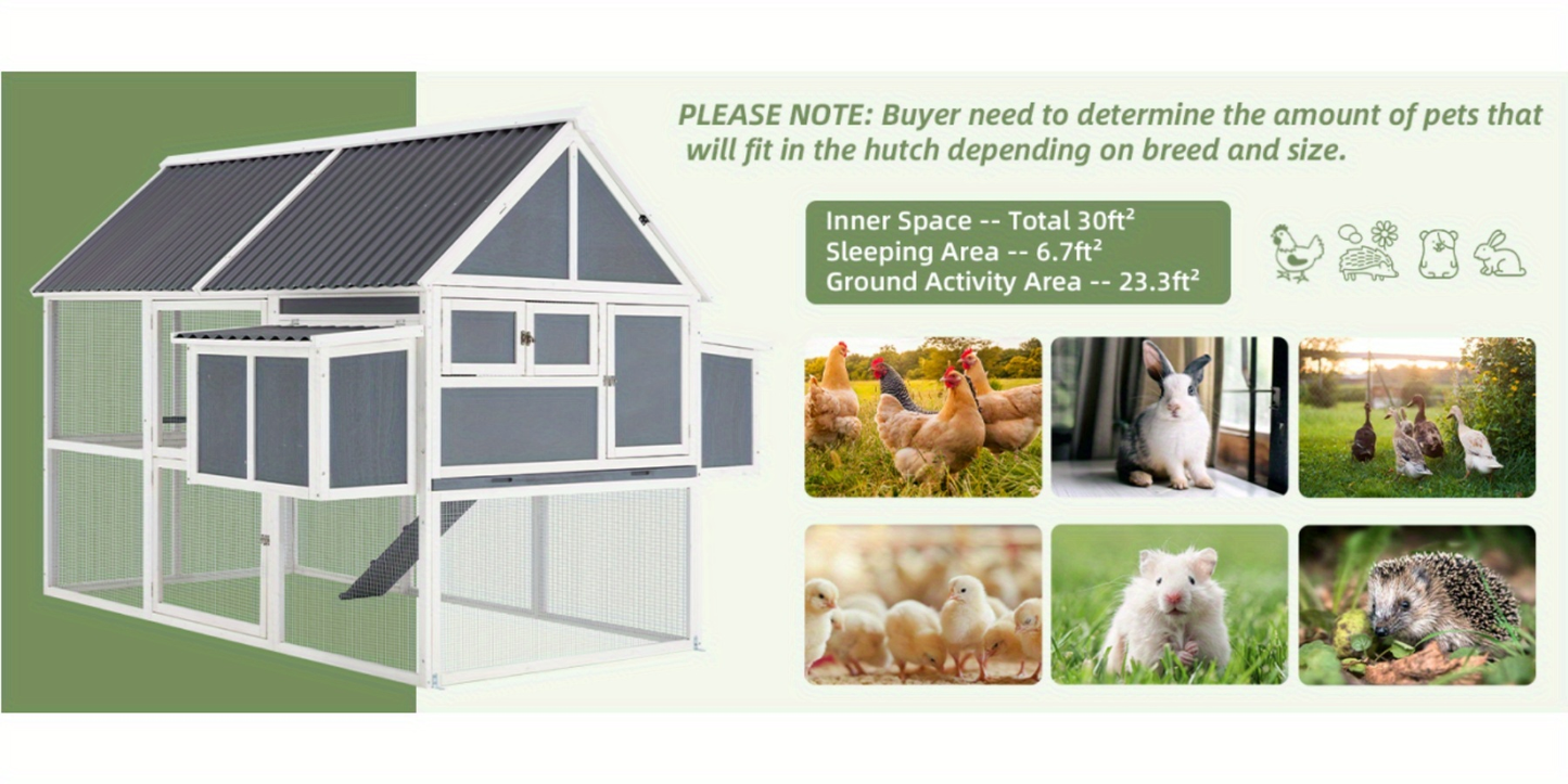 Large Chicken Coop 84" for 8-10 Hens | Outdoor Wooden Hen House with Run, 2 Nesting Boxes, 3 Perches, Removable Tray & Ground Spikes – Walk-In Poultry Cage