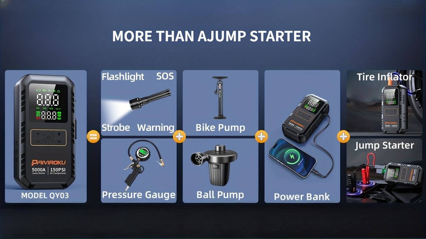 Portable Jump Starter 5000A 7-in-1 with Air Compressor 150PSI, Battery Booster for Car 7.0L Gas/6.0L Diesel, QC3.0 Power Bank, LCD Display & LED Emergency Light