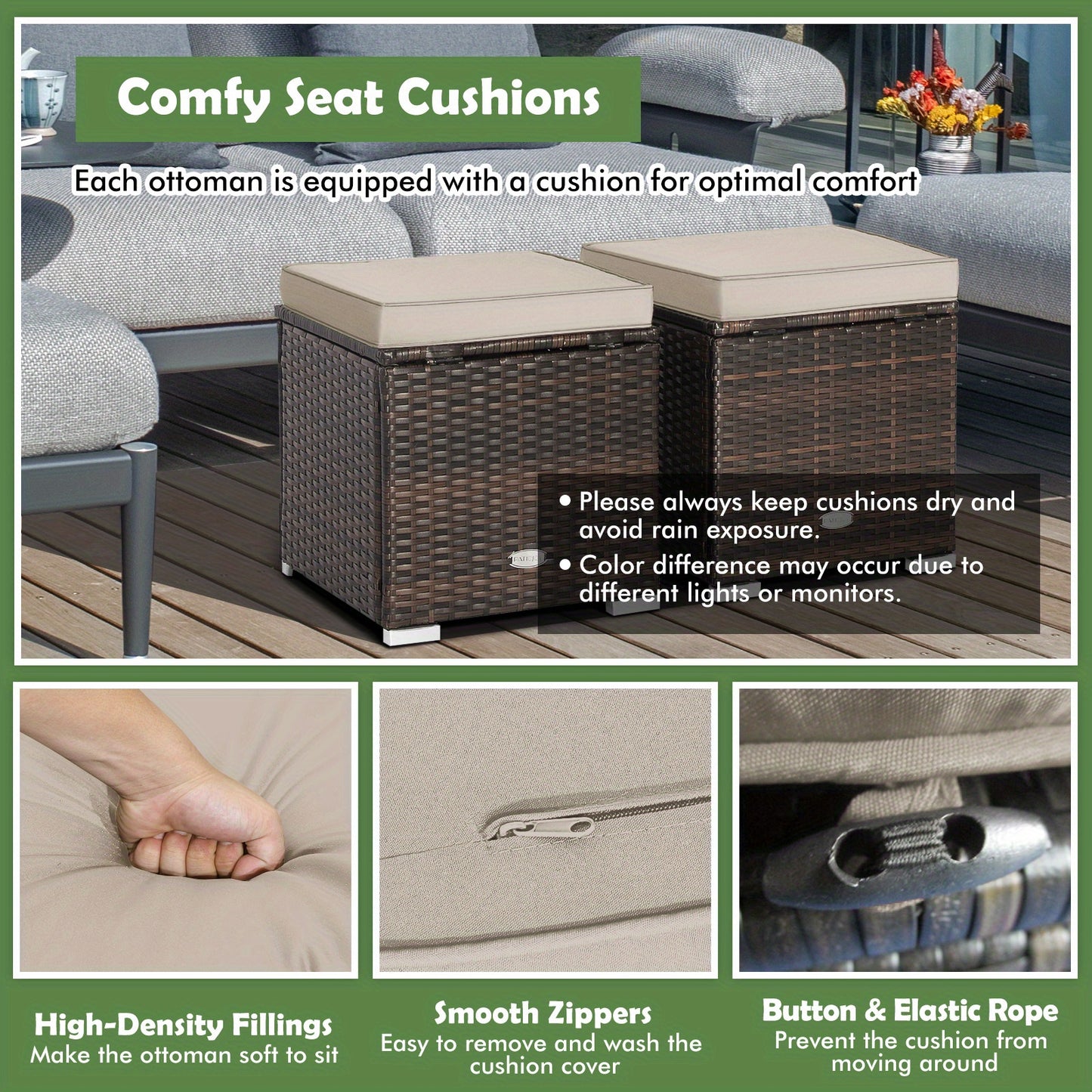 Outdoor Wicker Ottoman Set of 2 with Hidden Storage – PE Wicker Footstools with Detachable Cushions, Side Table & Extra Seating for Patio, Garden & Poolside