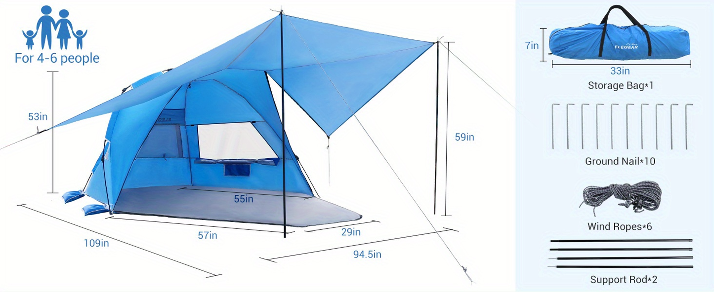 Beach Tent 4-6 Person UPF 50+ 360° Canopy Pop Up Sun Shade Shelter