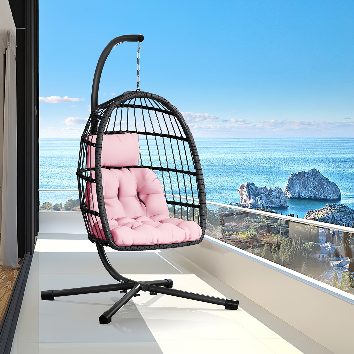 Outdoor Egg Chair with Stand Rattan Wicker Hanging Swing Hammock Chair Thickened Aluminum Frame UV-Resistant Cushion 350LBS Capacity Patio Balcony Deck Lawn Seat