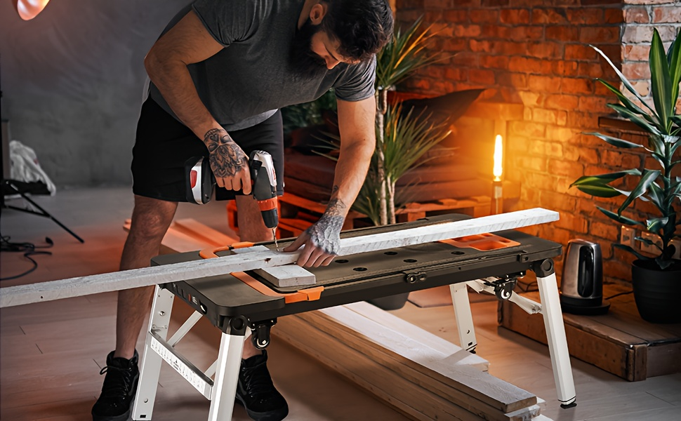 7in 1 Multifunctional Work Benches, Folding Work Table for Garage, As Portable Workbench, Sawhorse, Scaffold, Platform, Car Creeper, Dolly And Hand Truck, with 4 Wheels, Perfect Gift for Father's Day, Requires No Assembly