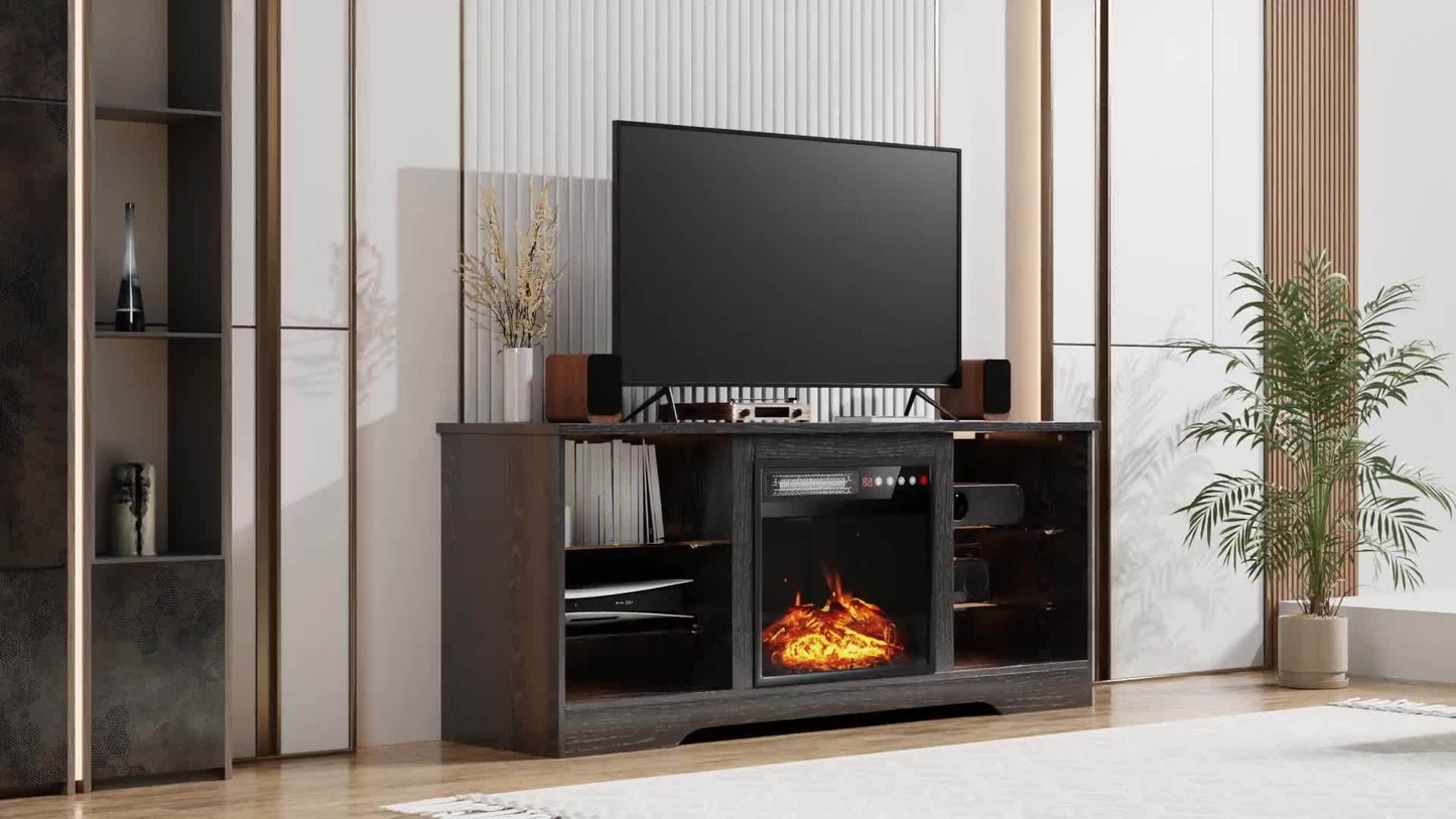 Fireplace TV Stand with 18" Electric Fireplace Insert, 58" Entertainment Center with LED Leg Lights, Media Console for TVs Up to 65", Adjustable Glass Shelves & Storage Cabinets, Black/Gray/White/Beige/Brown