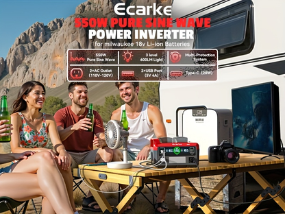 Pure Sine Wave Inverter 550W for 18V Battery - DC 18V to AC 110V, 2×USB-C 20W Fast Charge, 2×USB-A, 2×AC Outlets, 600LM 3-Level LED Light, Camping & Emergency Power (Bare Tool)