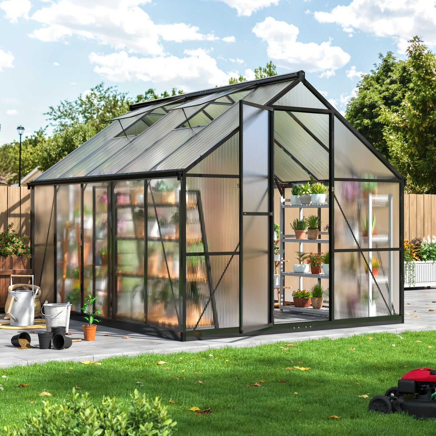 Polycarbonate Greenhouse Walk-In Aluminum Frame 720g PC Panels, 90% UV Protection, 5-Speed Roof Vents & Lockable Door for Backyard Year-Round Gardening, Multiple Sizes