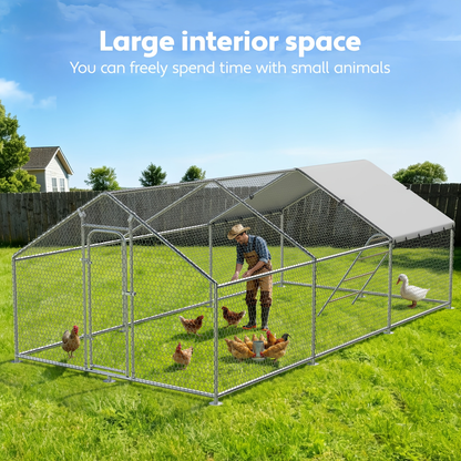 Dog Kennel Outdoor Large Metal Walk-in Chicken Run Pen Poultry Cage with Anti-UV Cover Movable Rack or Dolly 2 Sizes for Farm Backyard Chickens Dogs Rabbits