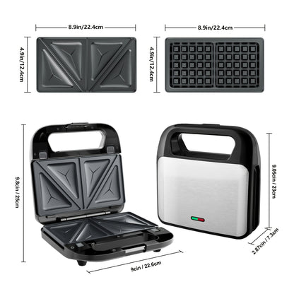 Sandwich Maker 3-in-1 Panini Press & Waffle Iron 750W with Removable Non-Stick Plates, Dishwasher Safe, Compact for Dorm, RV & Travel