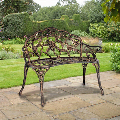Outdoor Garden Bench Rose Pattern Cast Aluminum Floral Patio Bench with Armrests Vintage Metal Bench for Porch Courtyard Wedding Decor 38.5 Inch