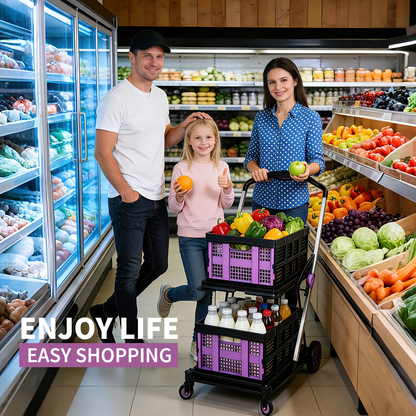 Two Tier Cart with 2 Storage Crates 360° Swivel Wheels, Heavy Duty Collapsible Shopping Trolley Folding Utility Cart for Groceries Picnic Office Multi-Use
