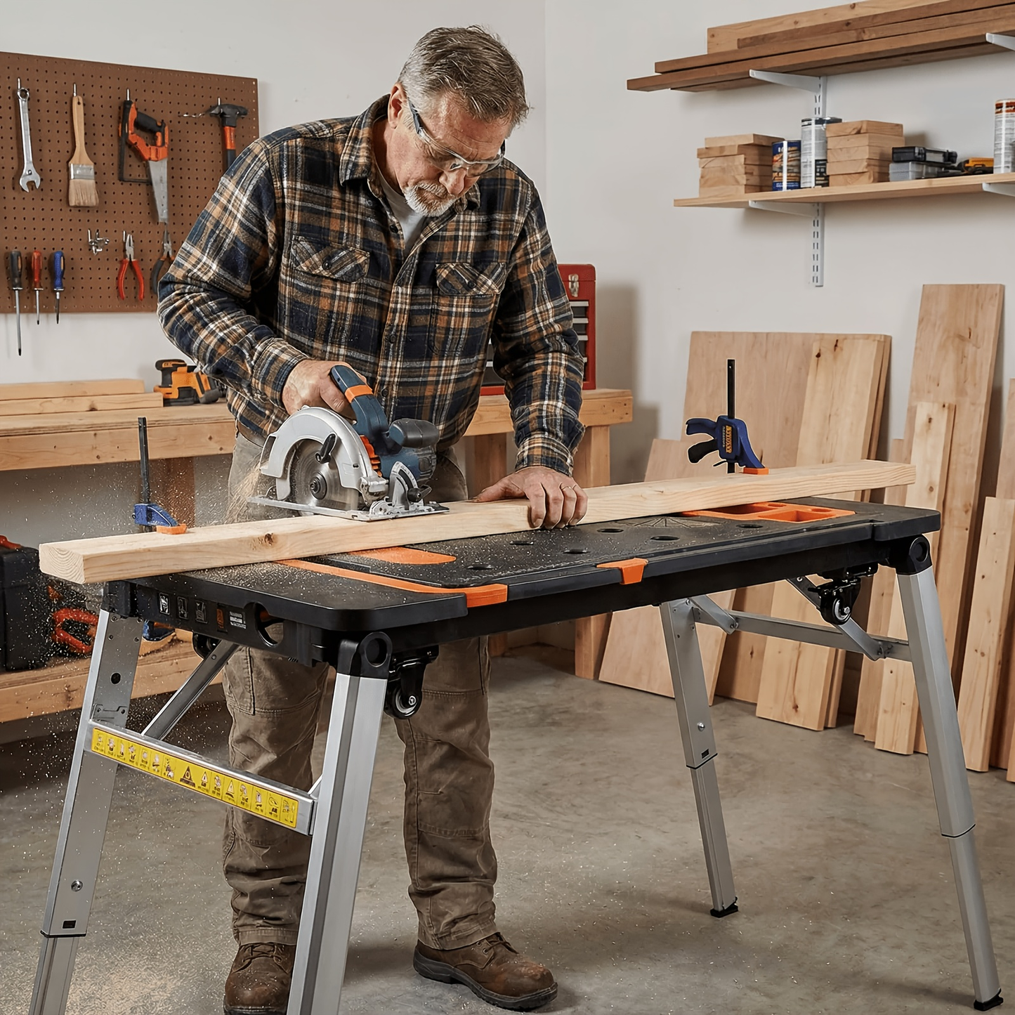 7in 1 Multifunctional Work Benches, Folding Work Table for Garage, As Portable Workbench, Sawhorse, Scaffold, Platform, Car Creeper, Dolly And Hand Truck, with 4 Wheels, Perfect Gift for Father's Day, Requires No Assembly