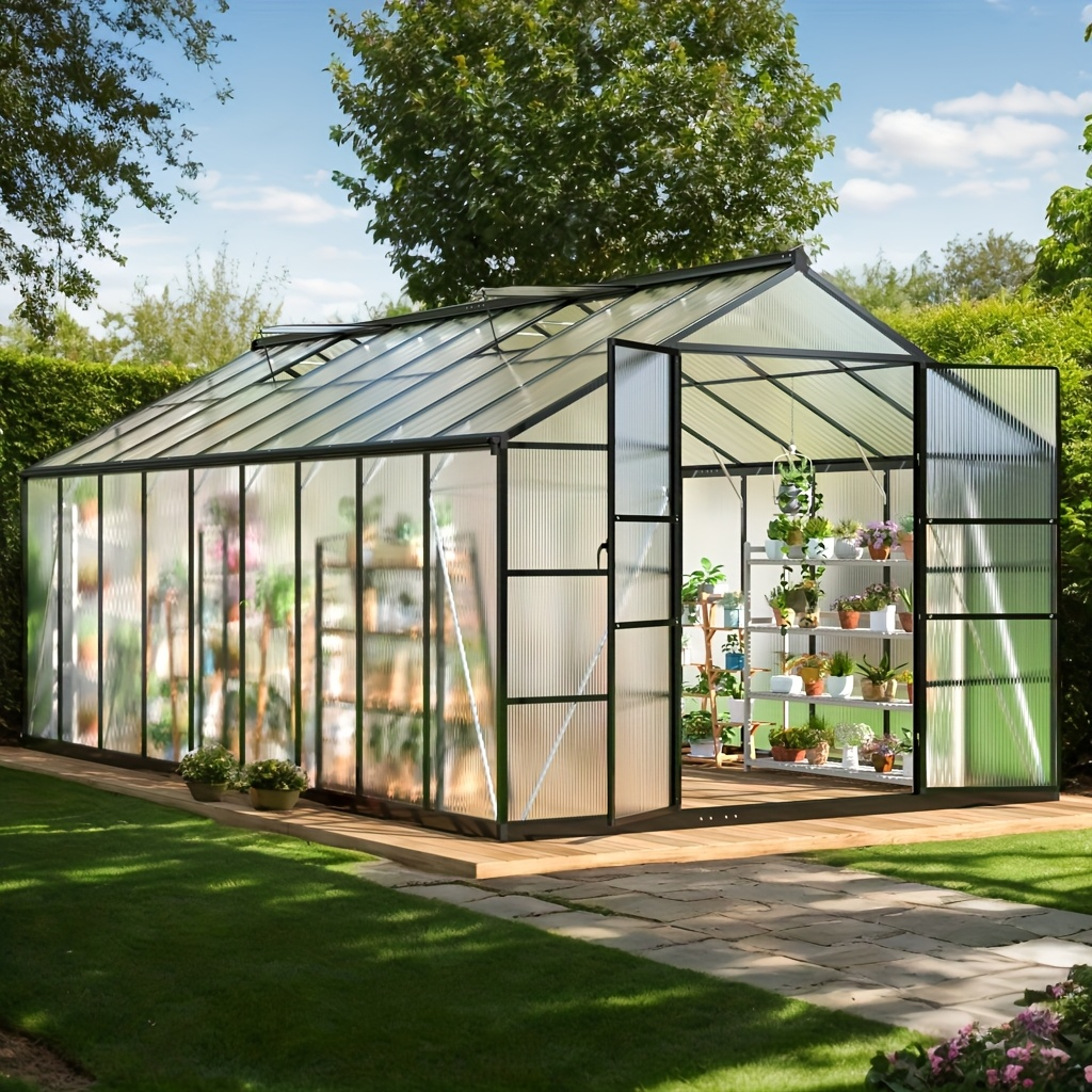 Polycarbonate Greenhouse Walk-In Aluminum Frame 720g PC Panels, 90% UV Protection, 5-Speed Roof Vents & Lockable Door for Backyard Year-Round Gardening, Multiple Sizes