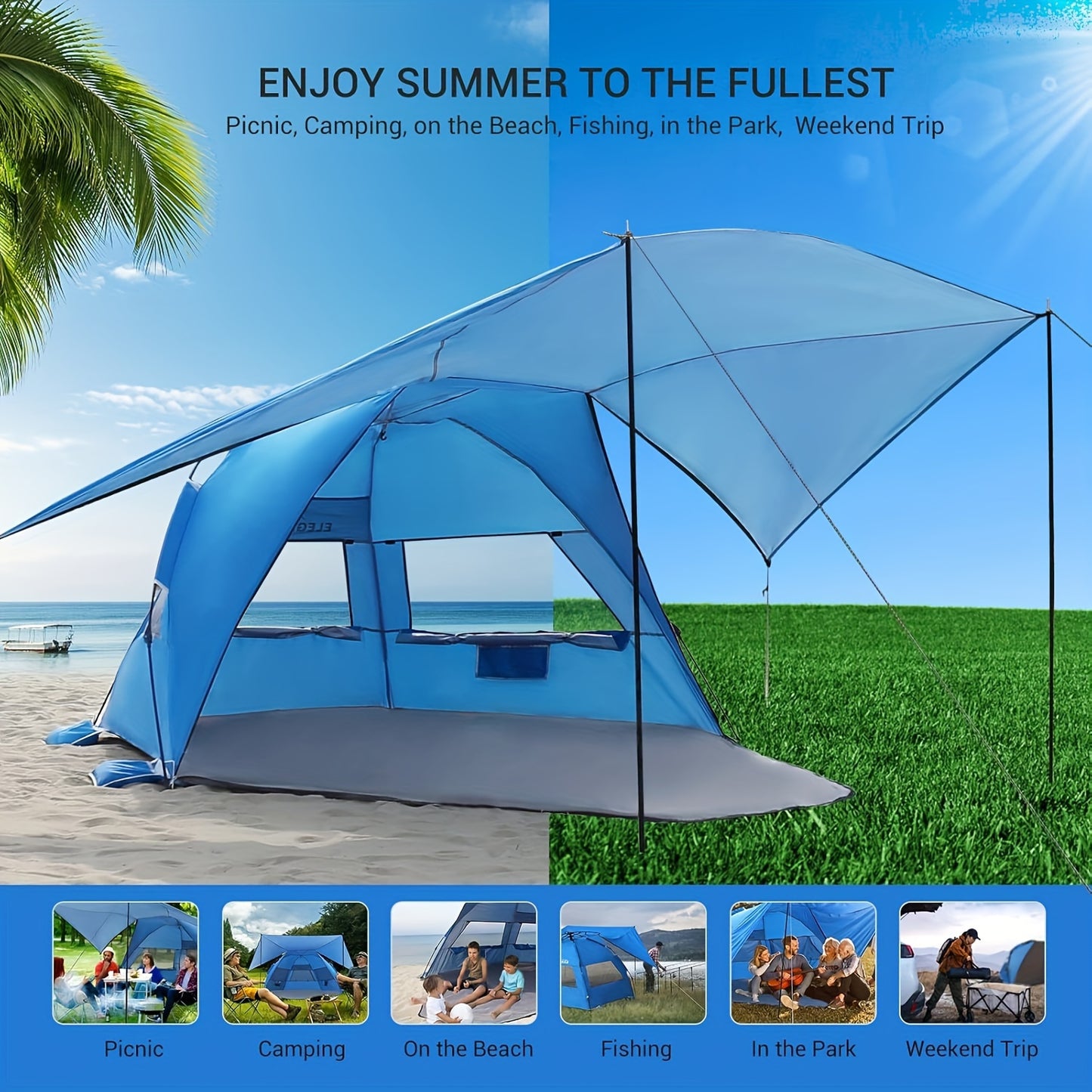 Beach Tent 4-6 Person UPF 50+ 360° Canopy Pop Up Sun Shade Shelter
