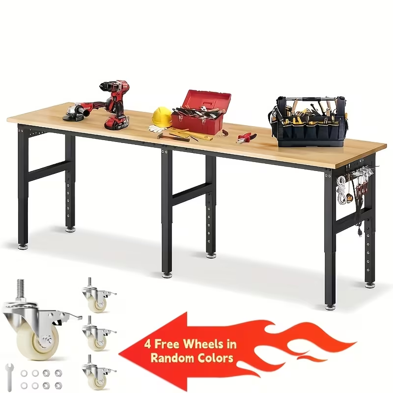 Workbench Heavy Duty Height Adjustable 28-40 Inch 2000 LBS Capacity Steel Frame Rubber Wood Top ETL Power Outlet Pegboard for Garage Workshop Home Office