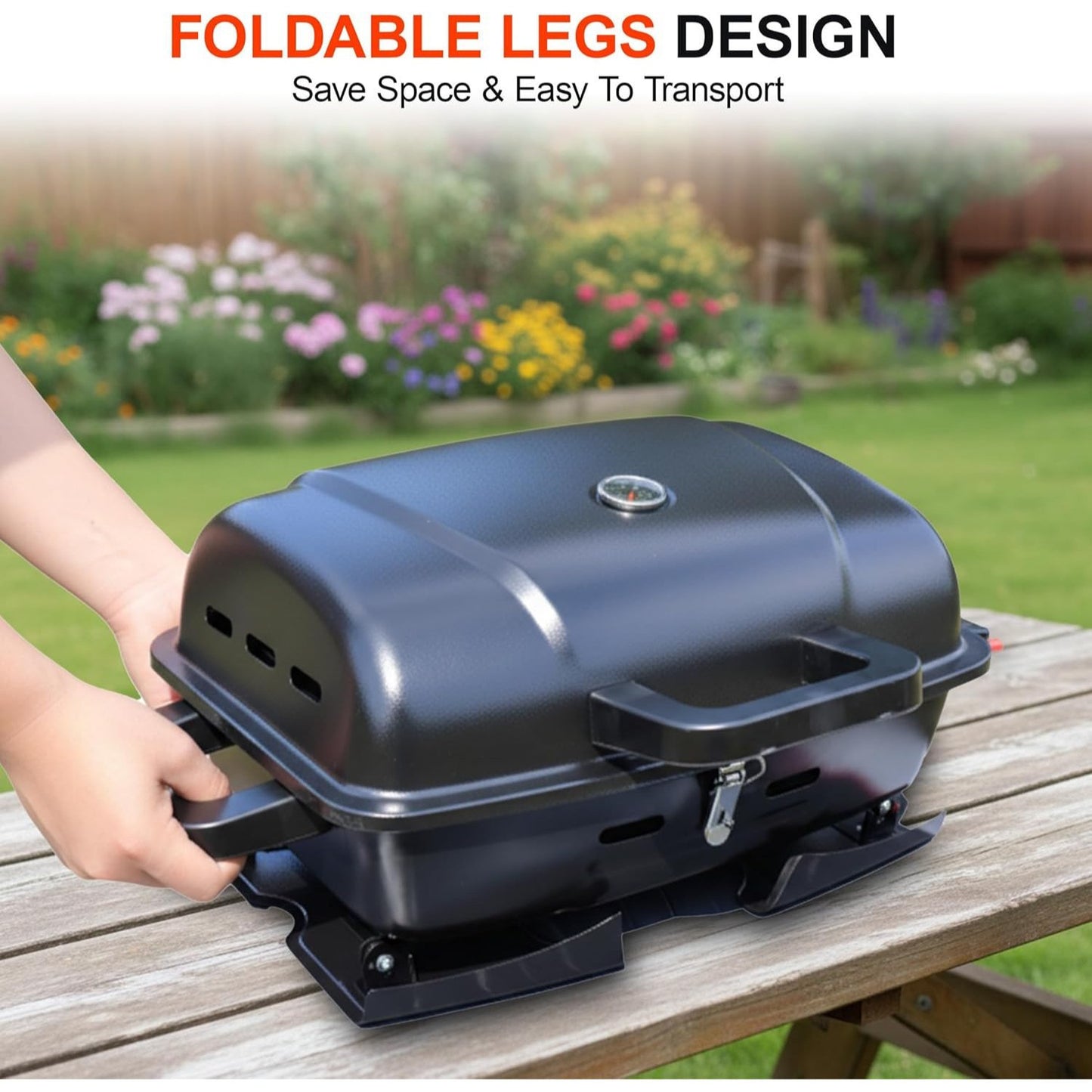 Portable Propane Grill Tabletop, 10000 BTU Single Burner Gas Grill with 239 sq in Porcelain Grates, Foldable Legs, Locking Lid & Built-In Thermometer for Camping, Backyard & Tailgating