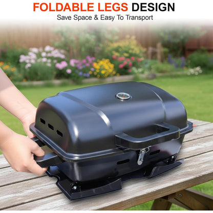 Portable Propane Grill Tabletop, 10000 BTU Single Burner Gas Grill with 239 sq in Porcelain Grates, Foldable Legs, Locking Lid & Built-In Thermometer for Camping, Backyard & Tailgating
