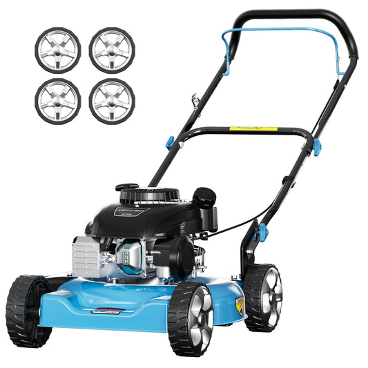 Walk-Behind Gas Lawn Mower 20-Inch 144cc 4-Stroke Engine, 2-in-1 Side Discharge & Mulching, Lightweight Push Mower for Small Yards Under 1/4 Acre, Red & Blue