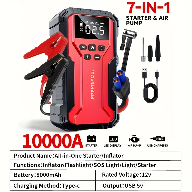 Car Jump Starter 10000A 7-in-1 Portable Battery Booster with Air Pump, Digital Tire Inflator 150PSI, LED Emergency Light for Gas & Diesel Vehicles