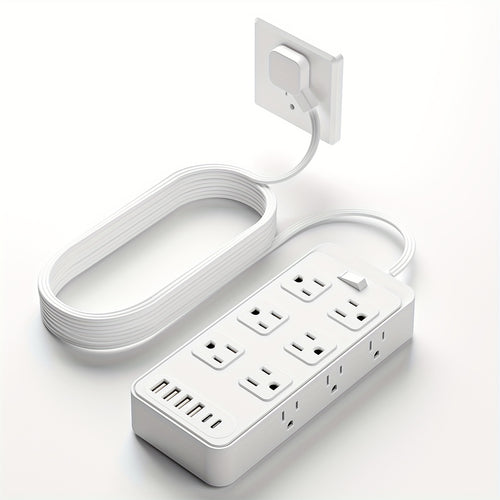 Charging Station 18-in-1 Power Strip Surge Protector 12 AC Outlets 6 USB Ports 4 USB-A 2 USB-C Flat Plug Wide Spacing Wall Mount for Home Dorm Office Travel