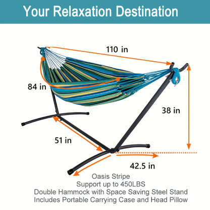 Double Hammock with Steel Stand 450 lbs Heavy Duty Portable Outdoor Indoor Carry Case Head Pillow No Assembly Camping Patio Backyard Multiple Colors
