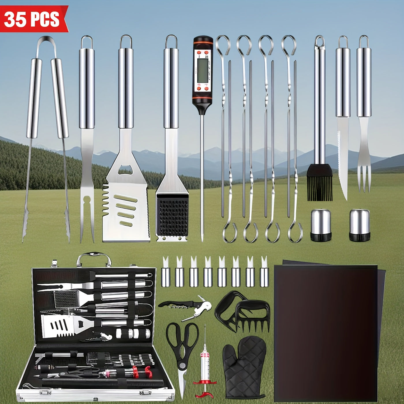 Stainless Steel BBQ Grill Tool Set 35PC – Complete Barbecue Kit with Thermometer, 2 Grill Mats & Aluminum Carry Case for Outdoor Grilling, Camping & Backyard Cookouts – Perfect Gift for Dad & Grill Masters