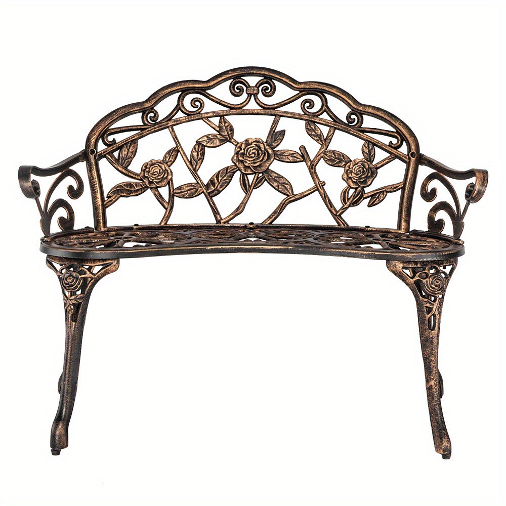 Outdoor Garden Bench Rose Pattern Cast Aluminum Floral Patio Bench with Armrests Vintage Metal Bench for Porch Courtyard Wedding Decor 38.5 Inch