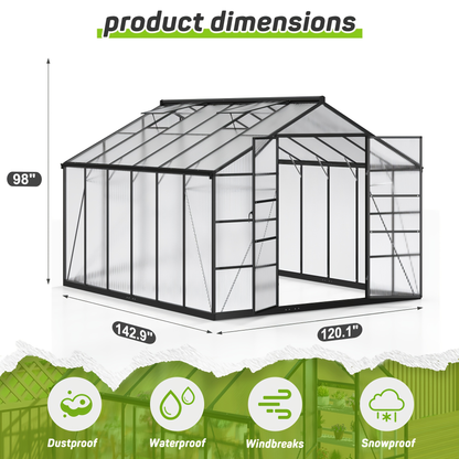 Polycarbonate Greenhouse with Aluminum Frame – Walk-In Outdoor Garden Greenhouse with Roof Ventilation, Lockable Door & UV Protection, 4x6 / 6x7.5 / 10x12 FT