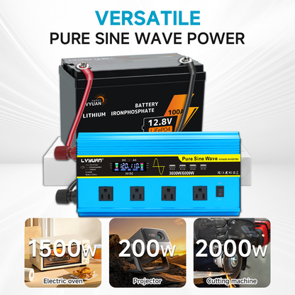 Pure Sine Wave Inverter 3000W 6000W Peak DC 12V 24V to AC 110V with LCD Display 4 AC Outlets Wireless Remote Control for RV Truck Vehicle Camping Home Backup