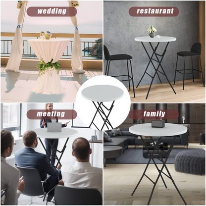 Round Folding Table 32" Bar Height Portable Plastic Top Metal Frame Lockable Legs for Parties, Commercial Events, Indoor & Outdoor Use
