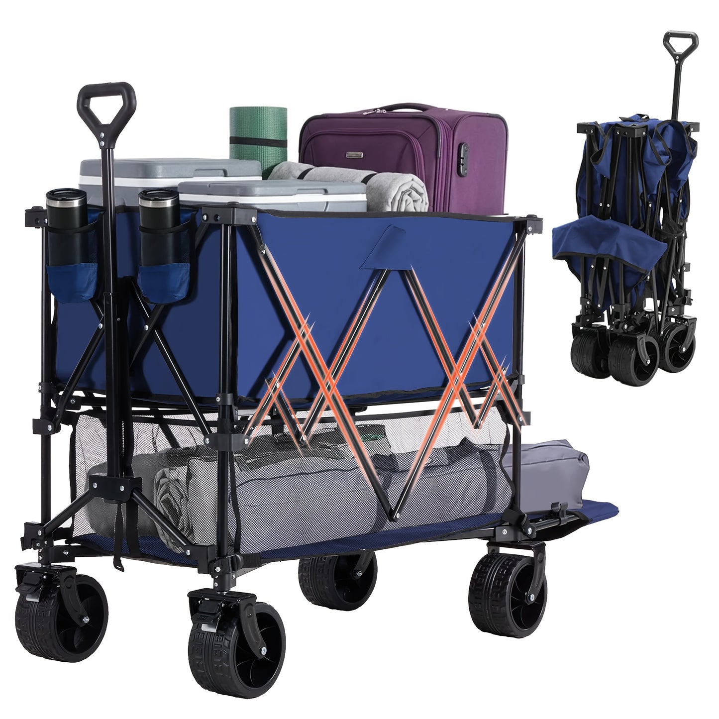 Folding Wagon Cart Double Decker 400L Collapsible Heavy Duty Outdoor Utility Cart 440LBS 54in Extended Shelf All-Terrain Wheels