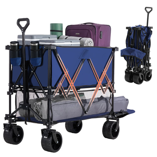 Folding Wagon Cart Double Decker 400L Collapsible Heavy Duty Outdoor Utility Cart 440LBS 54in Extended Shelf All-Terrain Wheels