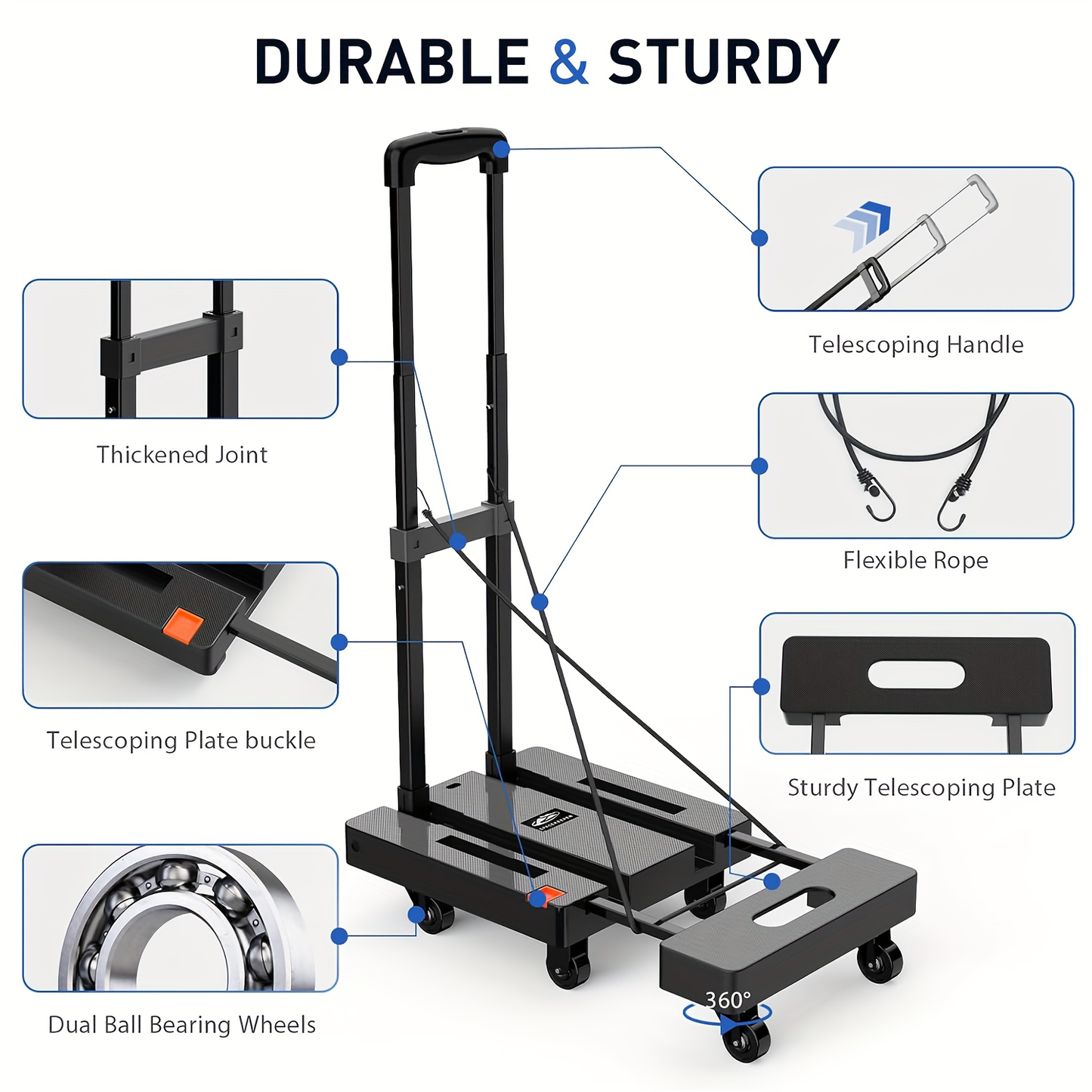 Folding Hand Truck Dolly 500LB Heavy Duty, Collapsible Luggage Cart with 6 Wheels & 2 Elastic Straps for Moving, Travel, Shopping, Office & Warehouse