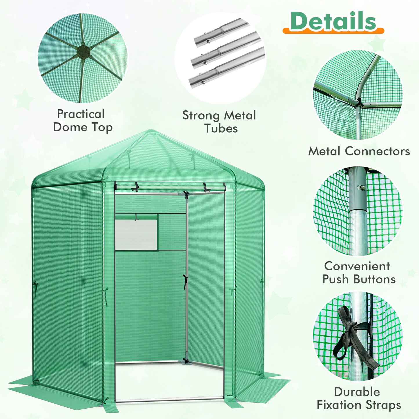 Walk-In Greenhouse 85"x72"x90" with PE Cover, Roll-Up Door & Mesh Window, 6 Ground Stakes & Ropes for Secure Outdoor Setup, Green
