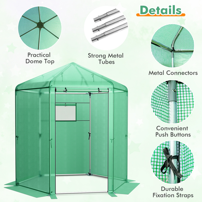 Walk-In Greenhouse 85"x72"x90" with PE Cover, Roll-Up Door & Mesh Window, 6 Ground Stakes & Ropes for Secure Outdoor Setup, Green
