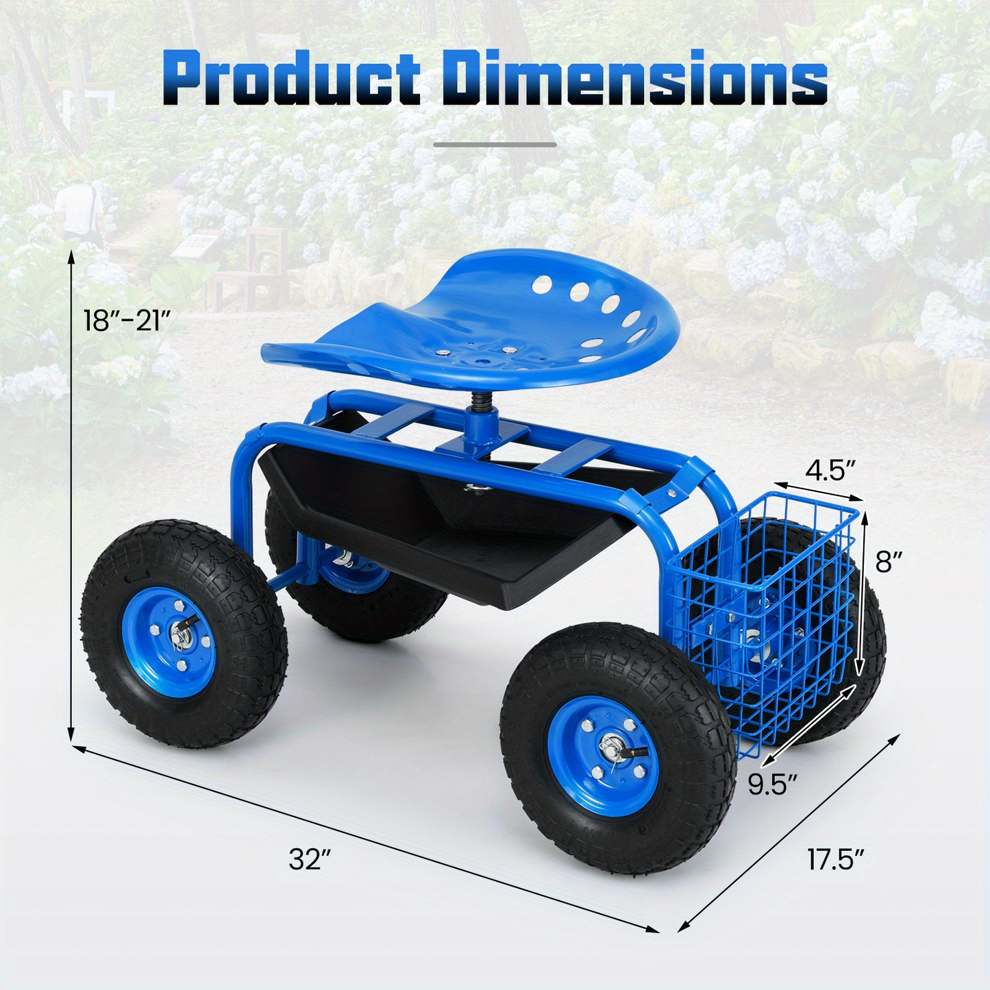 Rolling Garden Cart with Adjustable Swivel Seat, 10" Pneumatic Tires, Storage Basket & Tool Tray, 330 lbs Heavy-Duty Metal Frame