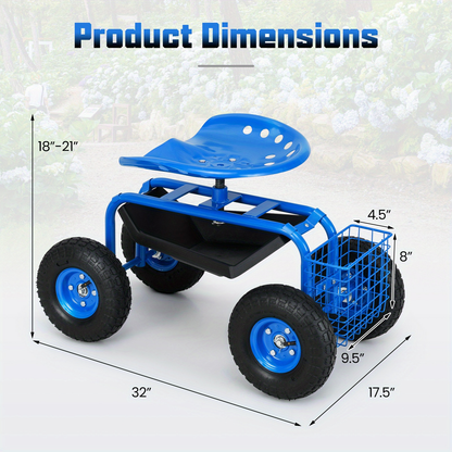 Rolling Garden Cart with Adjustable Swivel Seat, 10" Pneumatic Tires, Storage Basket & Tool Tray, 330 lbs Heavy-Duty Metal Frame