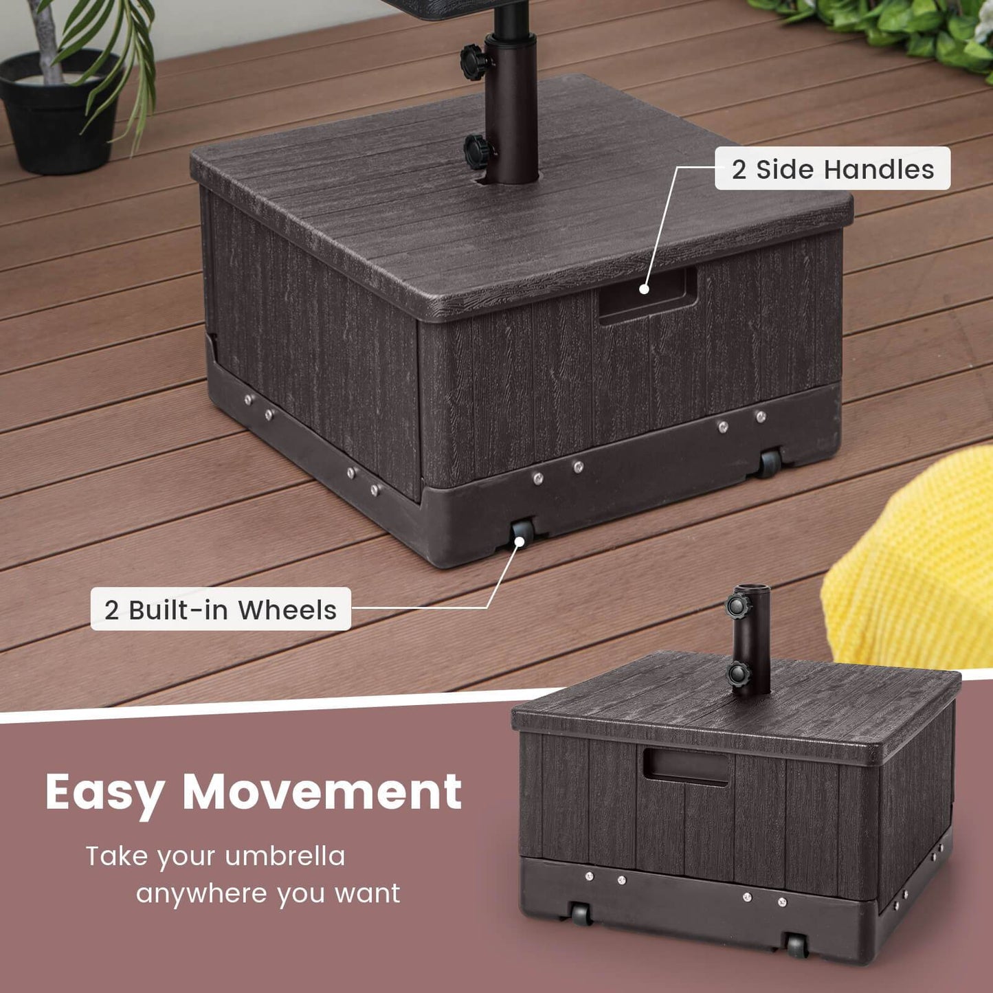 Patio Umbrella Base 3-in-1 Fillable 175 lbs with Table Tray & Planter Box Wheeled Stand Fits 1.5"/1.9" Poles 6-10 ft Market Offset Umbrellas HDPE Brown