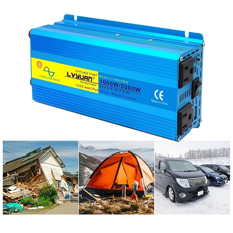 1000W Power Inverter Pure Sine Wave 2000W Peak DC 12V 24V to AC 110V US Socket Portable Car Truck Marine RV Vehicle Adapter Transformer No Battery Required