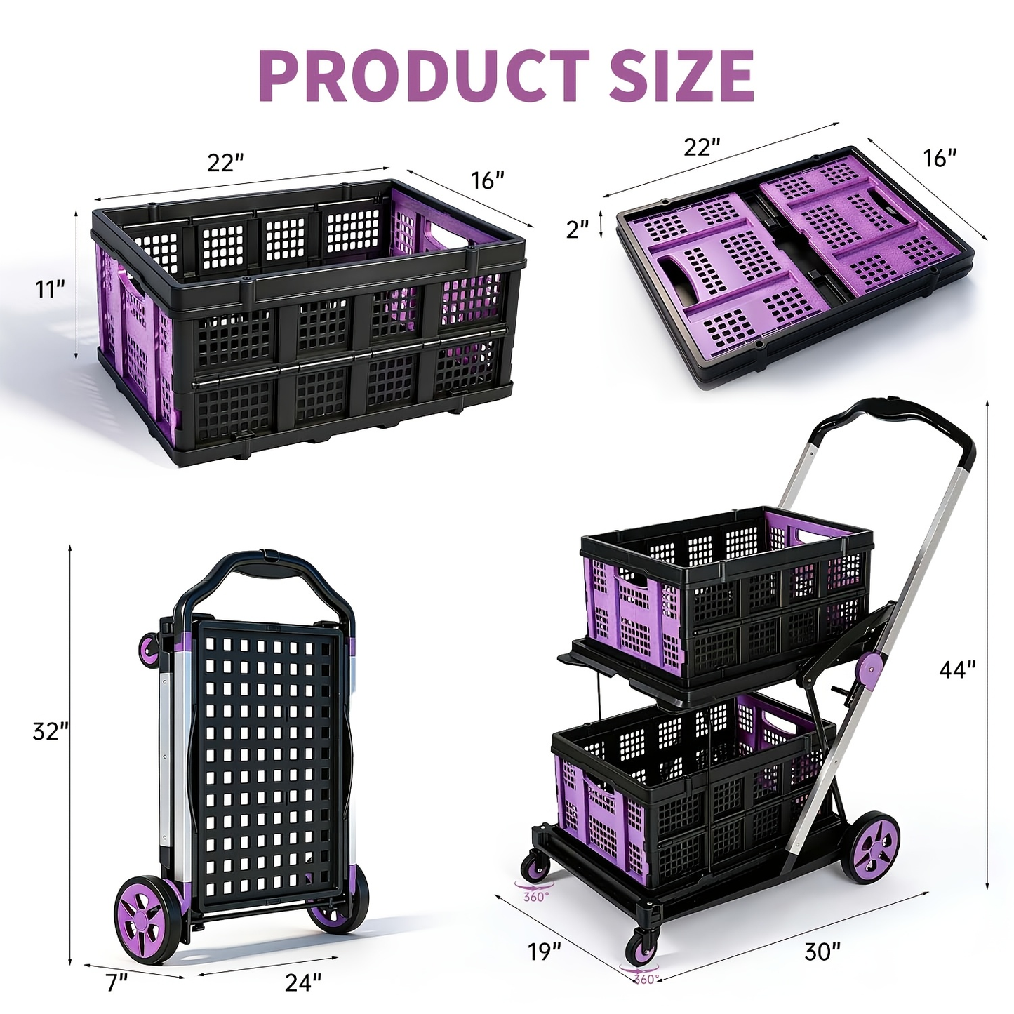 Two Tier Cart with 2 Storage Crates 360° Swivel Wheels, Heavy Duty Collapsible Shopping Trolley Folding Utility Cart for Groceries Picnic Office Multi-Use