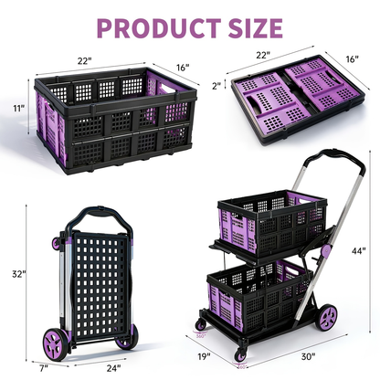 Two Tier Cart with 2 Storage Crates 360° Swivel Wheels, Heavy Duty Collapsible Shopping Trolley Folding Utility Cart for Groceries Picnic Office Multi-Use