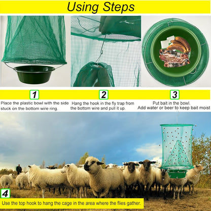 Fly Trap Outdoor Hanging Reusable – Ranch Stable Fly Catcher Cage for Farm Yard Garden, Non-Toxic Fly Killer 2 & 4 Pack