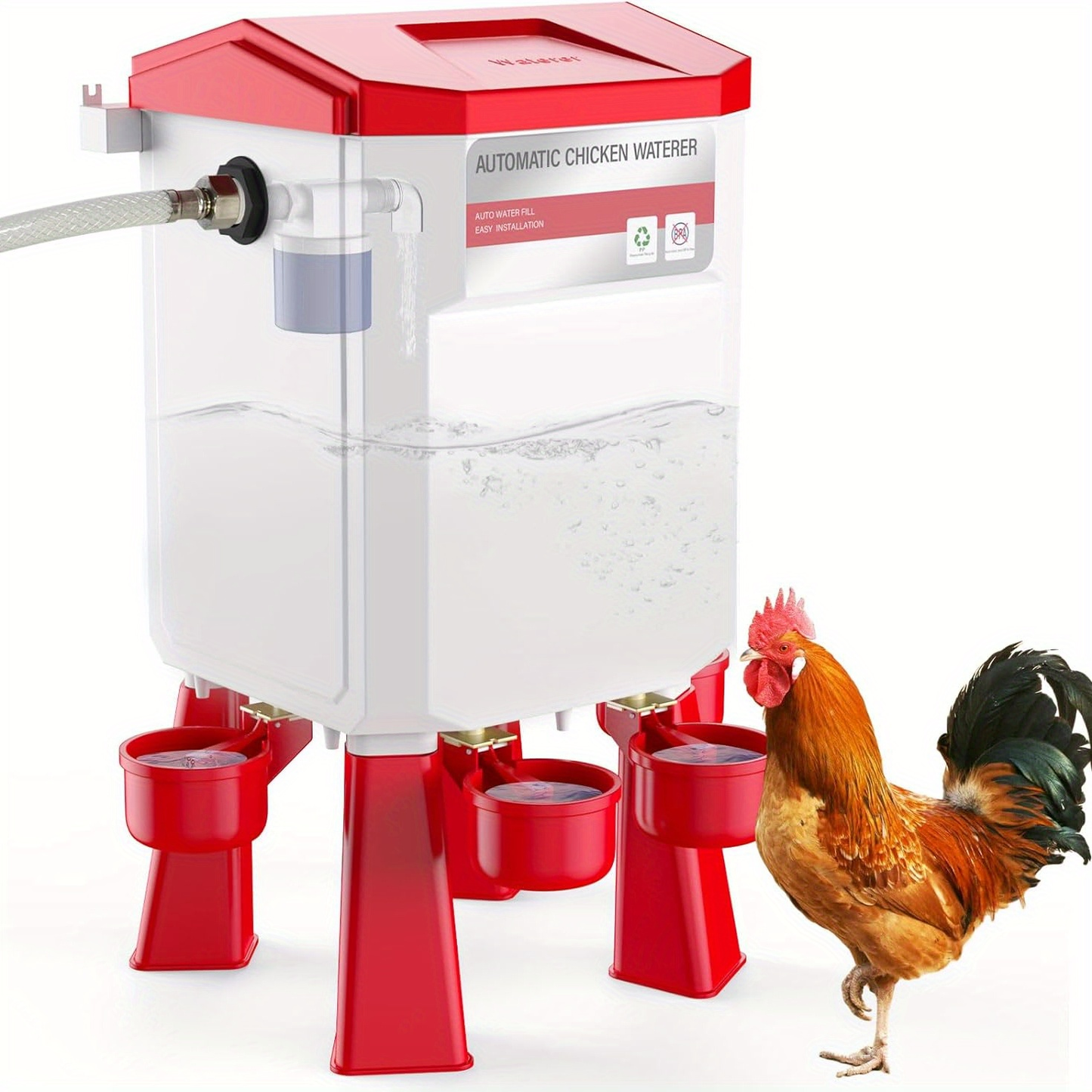 Automatic Poultry Waterer Hose-Connected - Float Valve, Hang or Floor Mount, Filter