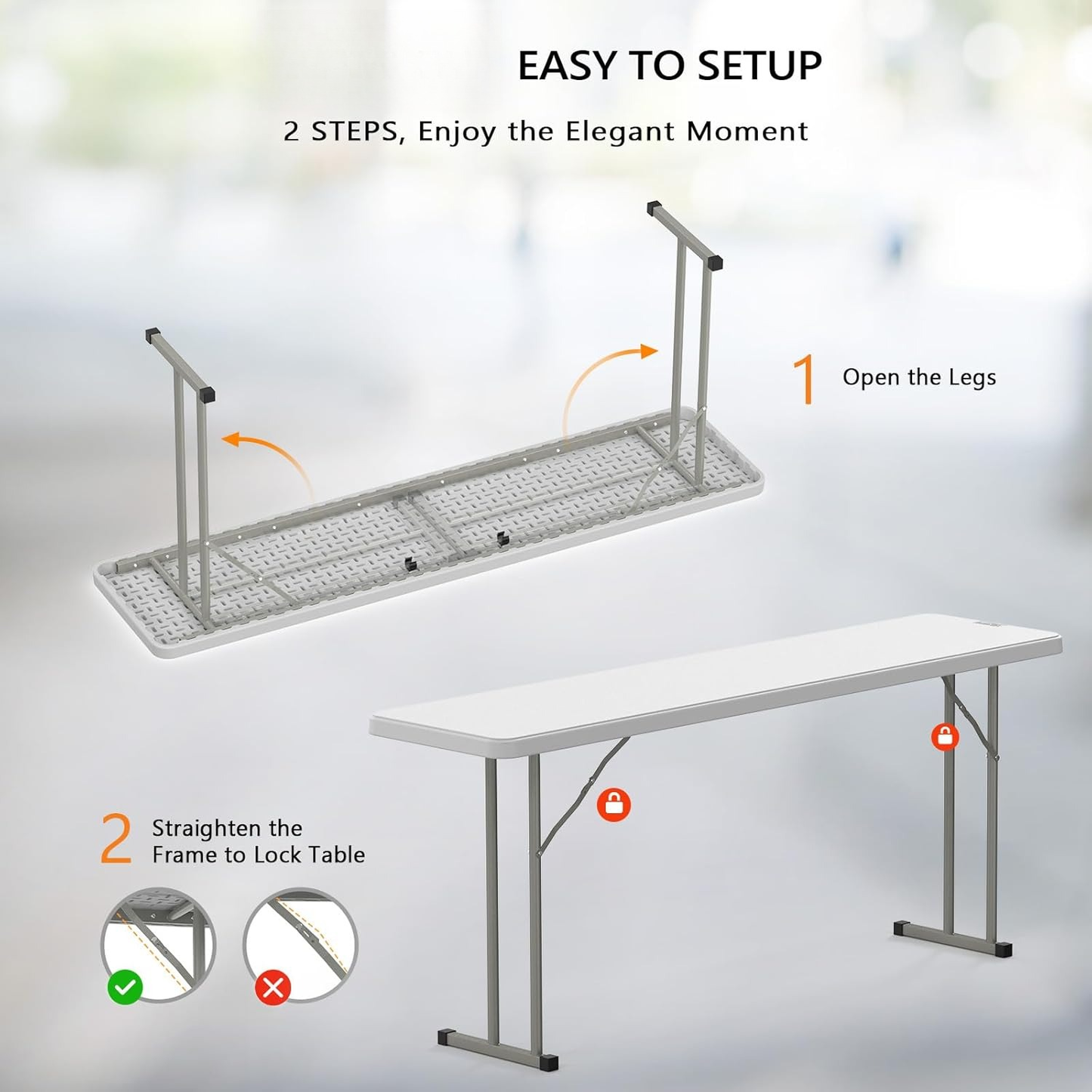 Folding Table 6 ft Narrow HDPE Top 350 lbs Capacity Steel Frame Portable Indoor Outdoor Table for Party, Buffet, Camping & Office