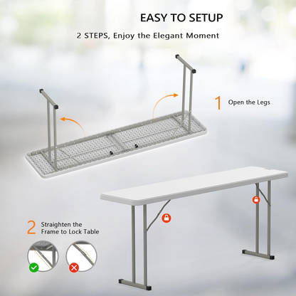 Folding Table 6 ft Narrow HDPE Top 350 lbs Capacity Steel Frame Portable Indoor Outdoor Table for Party, Buffet, Camping & Office
