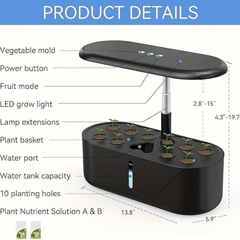 Hydroponic Garden Kit 10 Pods Indoor Herb Garden | 24W LED Grow Light Auto Timer 1-Gal Tank Quiet Pump Nutrients | Vegetables Flowers Year-Round Harvest