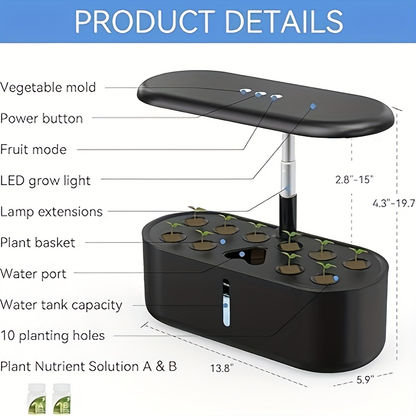 Hydroponic Garden Kit 10 Pods Indoor Herb Garden | 24W LED Grow Light Auto Timer 1-Gal Tank Quiet Pump Nutrients | Vegetables Flowers Year-Round Harvest
